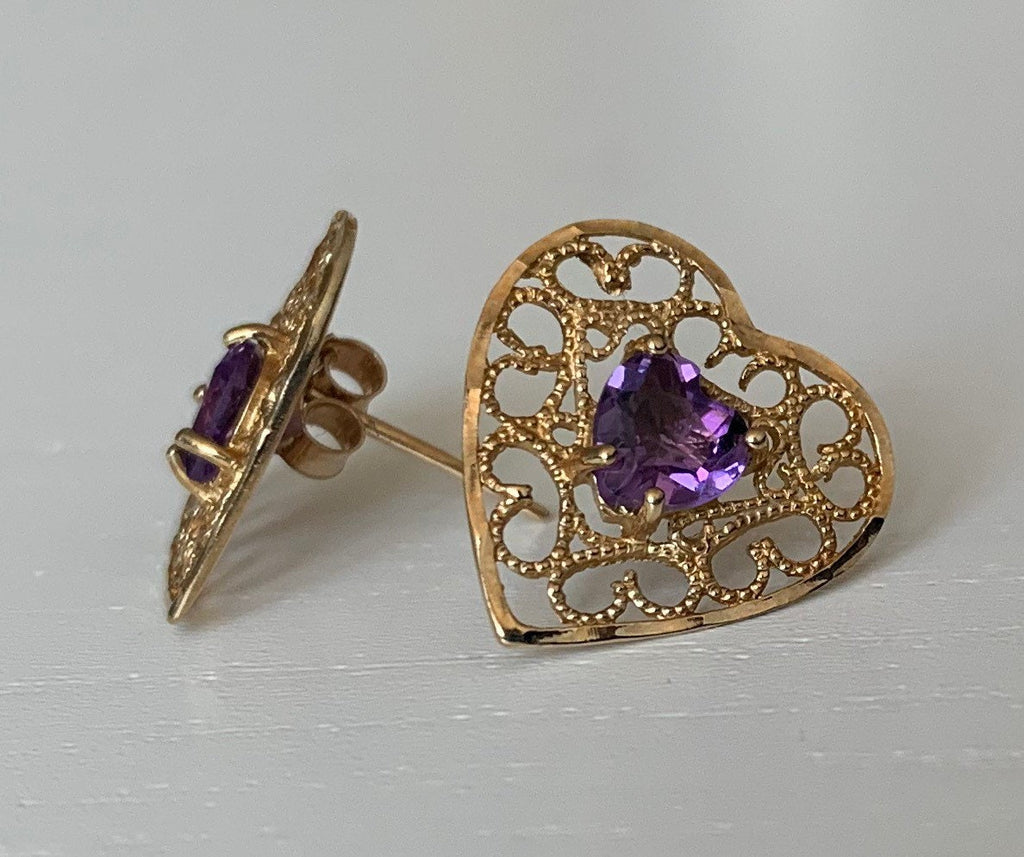 Vintage 9ct Gold Amethyst Heart Shaped Filigree Stud Earrings