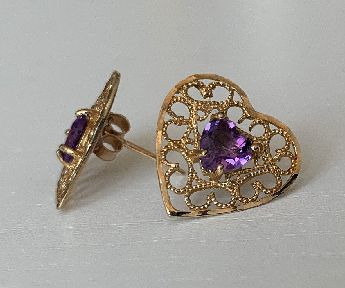 Vintage 9ct Gold Amethyst Heart Shaped Filigree Stud Earrings