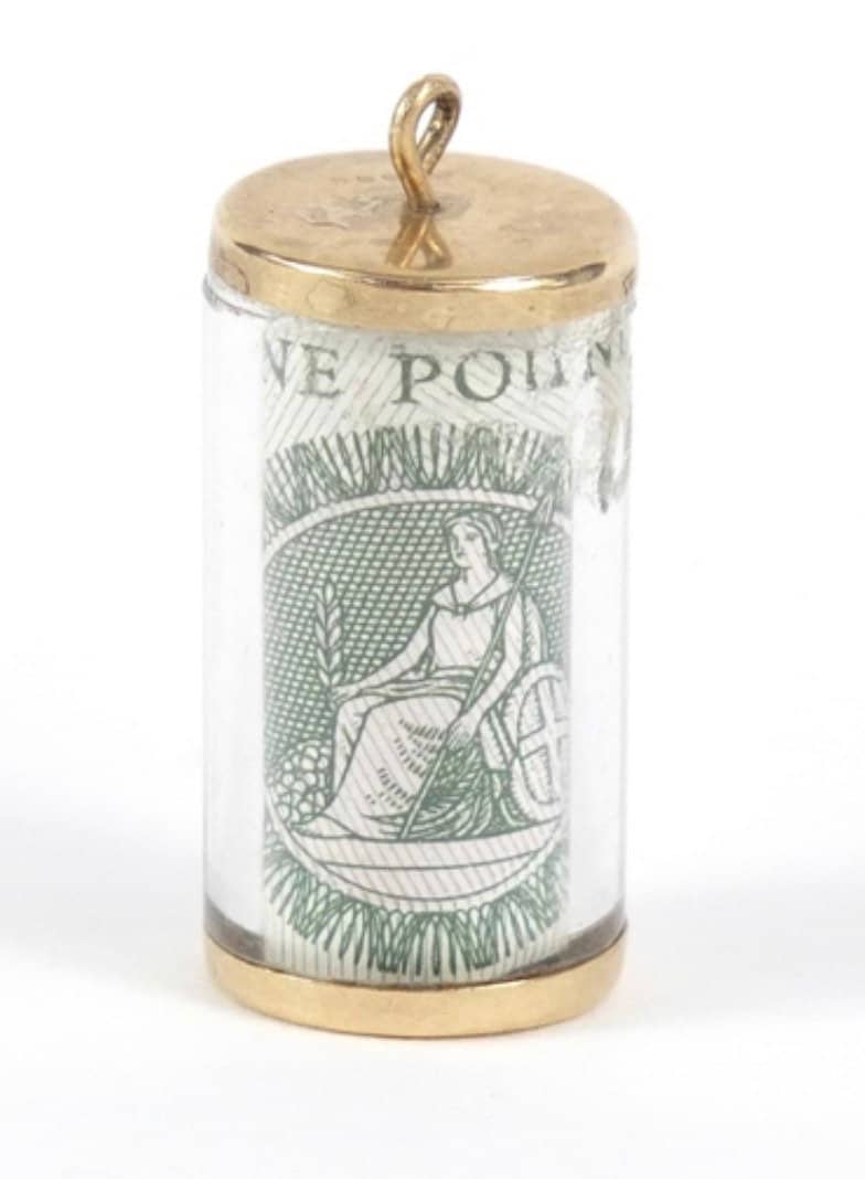 Vintage 9k oro emergencia una libra nota encanto colgante circa 1979, regalo de cumpleaños de aniversario para ella