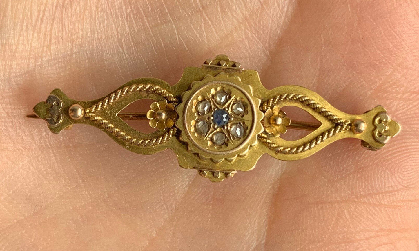 Antique Victorian 15ct Yellow Gold Ladies Ornate Brooch set with Sapphire and Diamonds,Anniversary Birthday Gift for her