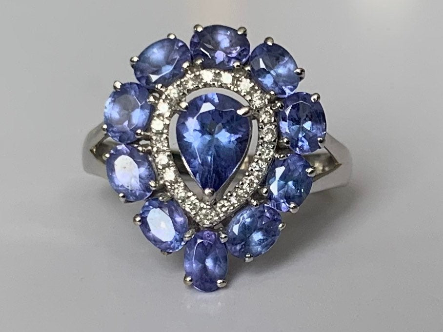 خاتم كلاسيكي من الذهب الأبيض عيار 18 قيراط تنزانيت والألماس، هدية عيد ميلاد لذكرى الخطوبة لها، مقاس المملكة المتحدة L US 5 3/4