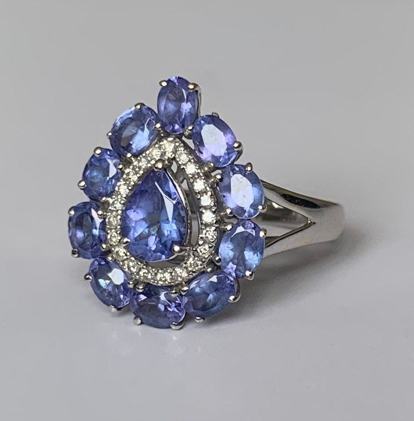 خاتم كلاسيكي من الذهب الأبيض عيار 18 قيراط تنزانيت والألماس، هدية عيد ميلاد لذكرى الخطوبة لها، مقاس المملكة المتحدة L US 5 3/4