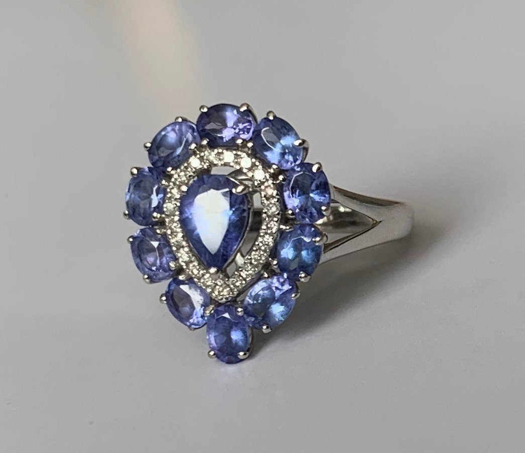 خاتم كلاسيكي من الذهب الأبيض عيار 18 قيراط تنزانيت والألماس، هدية عيد ميلاد لذكرى الخطوبة لها، مقاس المملكة المتحدة L US 5 3/4