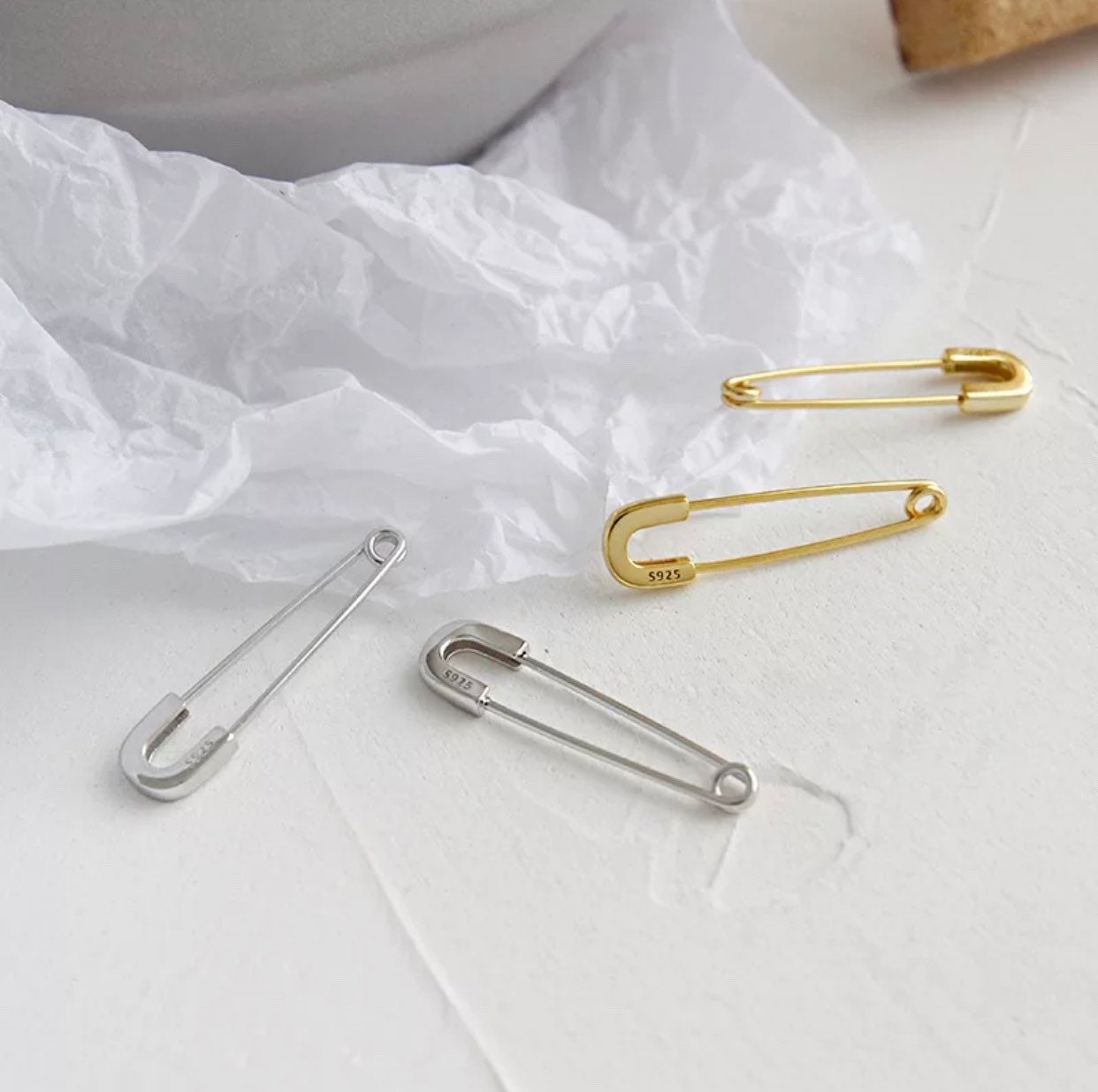 18k Yellow Gold Vermil & 925 Sterling Silver Paper Clip Earrings,Safety Pin Earrings,Stacking Earrings,Cartilage Earlobe Earrings