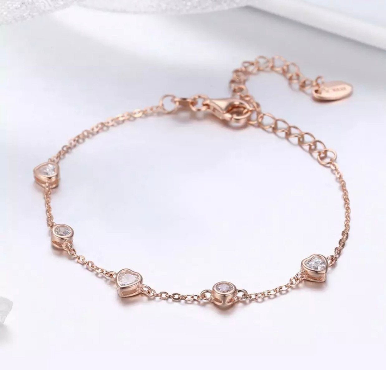 14k Rose Gold Vermeil Heart Shaped Crystals Bracelet, Bridal Gift, Anniversary Gift, Birthday Gift For Her