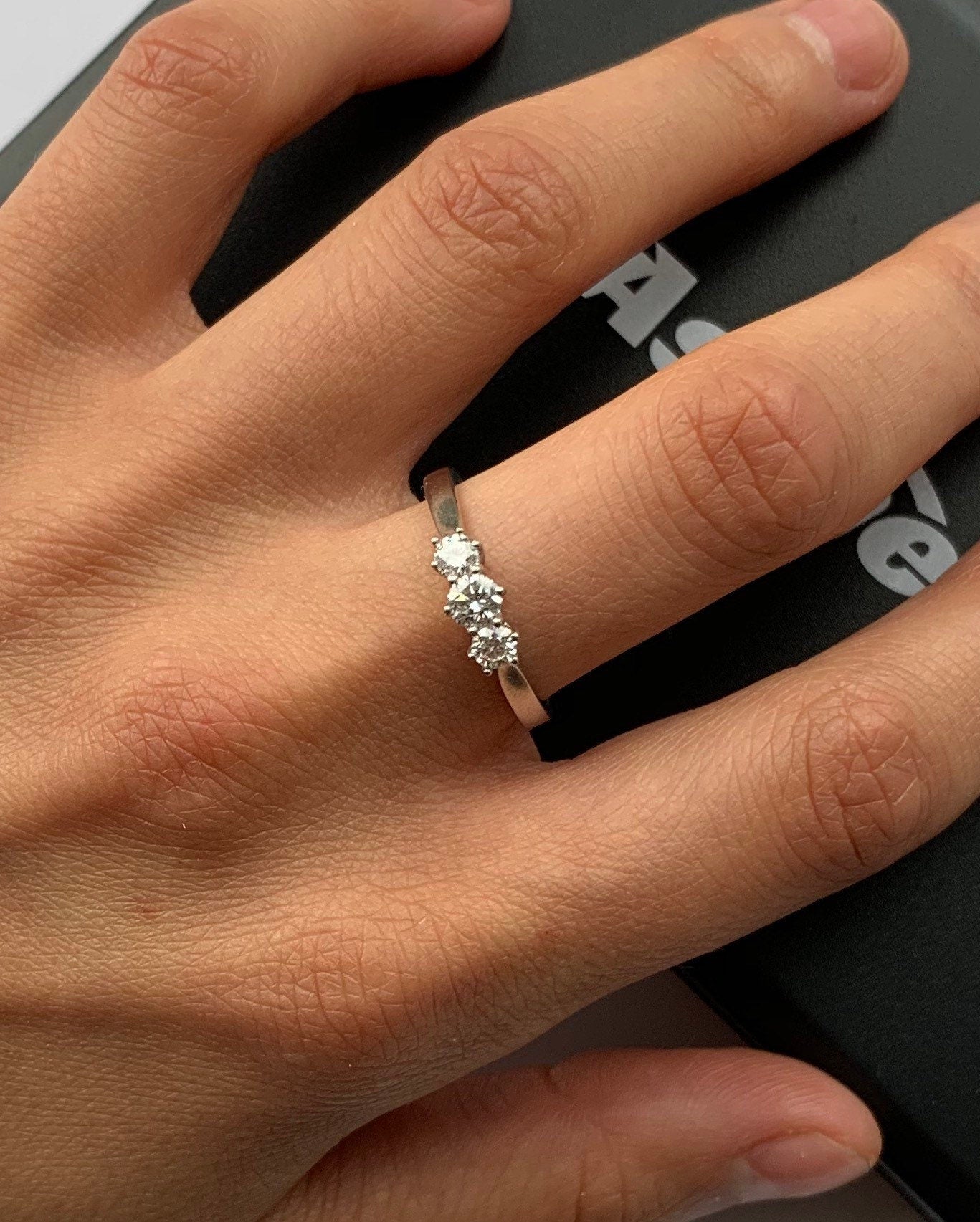 خاتم بلاتيني ثلاثي الماس 0.35 قيراط عتيق، خاتم الخطوبة، خاتم الذكرى السنوية، جوهرة ميلاد أبريل، مقاس المملكة المتحدة M، الولايات المتحدة 6 1/4