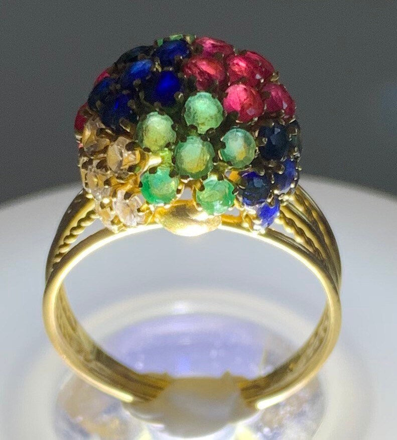 Anillo de cúpula de oro vintage de 18k, esmeraldas de rubíes de zafiro y anillo de oro CZGold de diamantes, anillo de cóctel, regalo de cumpleaños de aniversario, tamañoUK O 1/2, EE.UU. 7 1/4