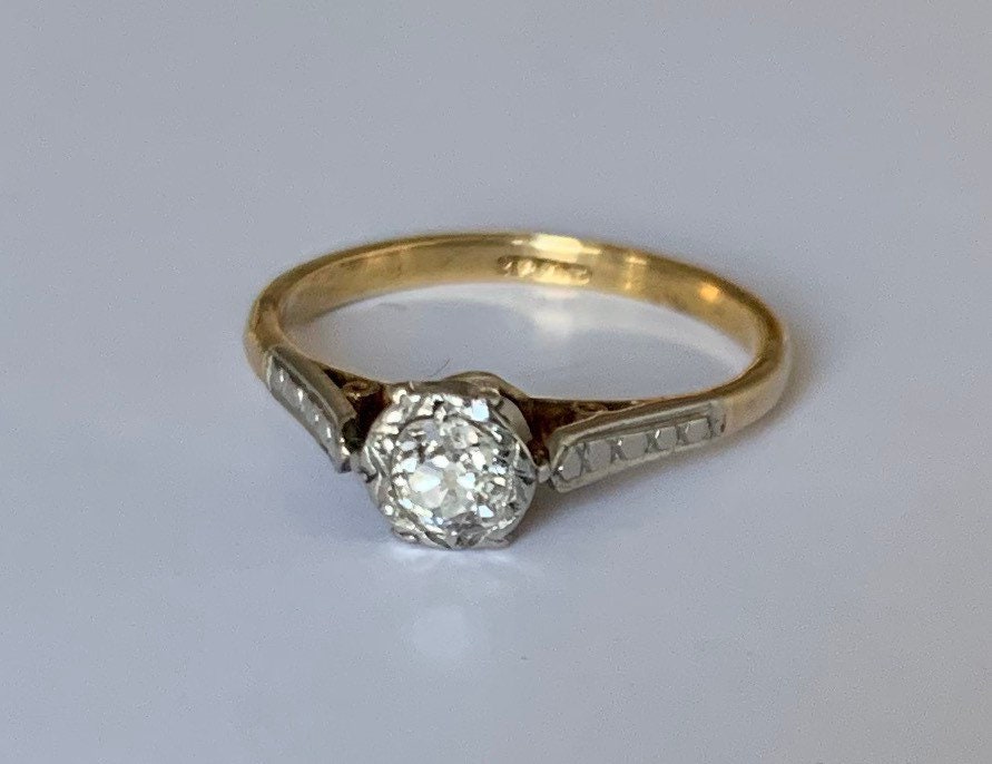 Art Deco 0.25ctw Solitaire Old Mine Cut Diamond 18ct Anillo de oro, Anillo de compromiso, Regalo de cumpleaños de aniversario de boda, Tamaño Reino Unido I/I 1/2, EE.UU. 4 1/4
