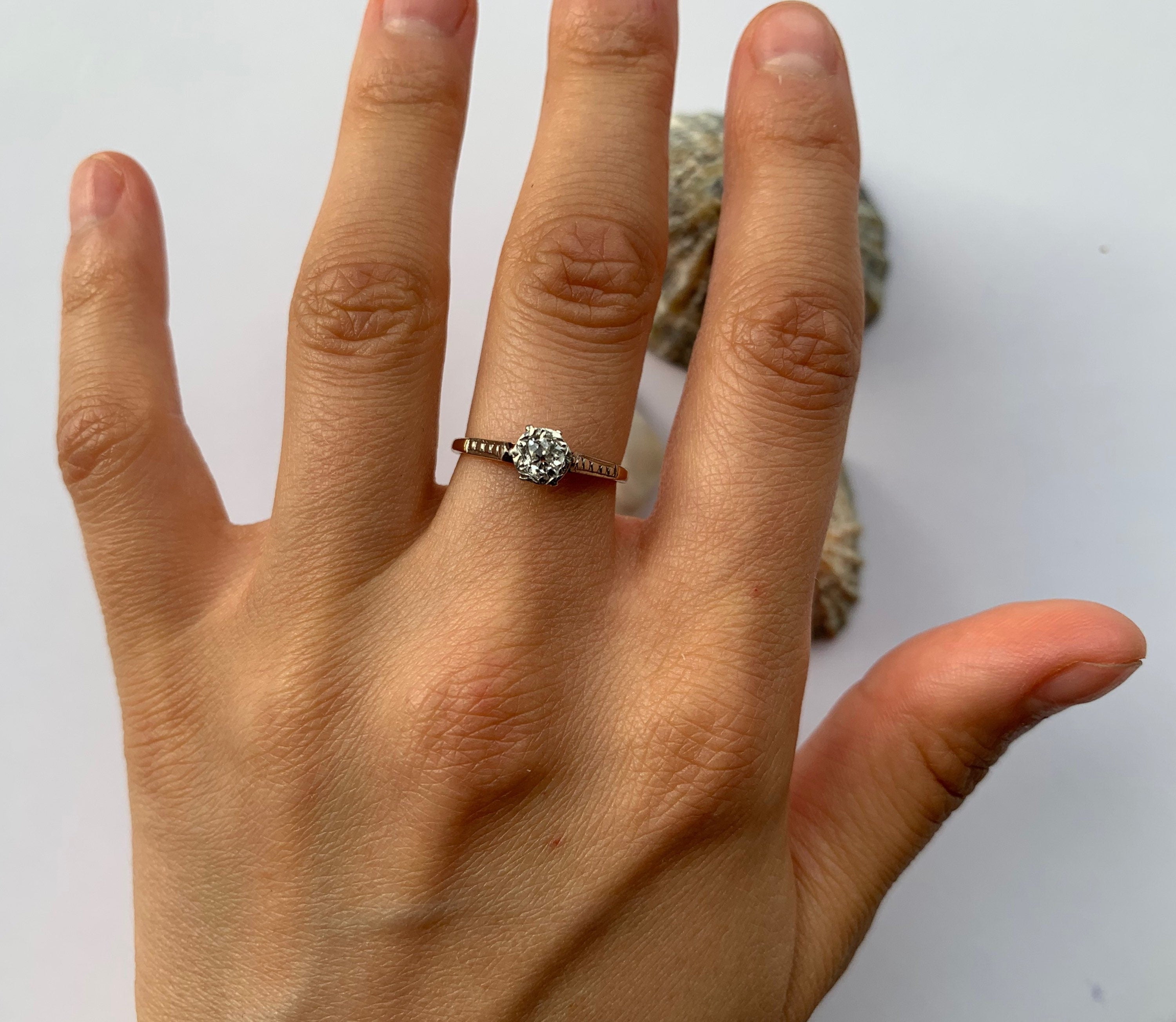 Art Deco 0.25ctw Solitaire Old Mine Cut Diamond 18ct Gold Ring,Engagement Ring,Wedding Anniversary Birthday Gift,Size UK I/I 1/2, US 4 1/4