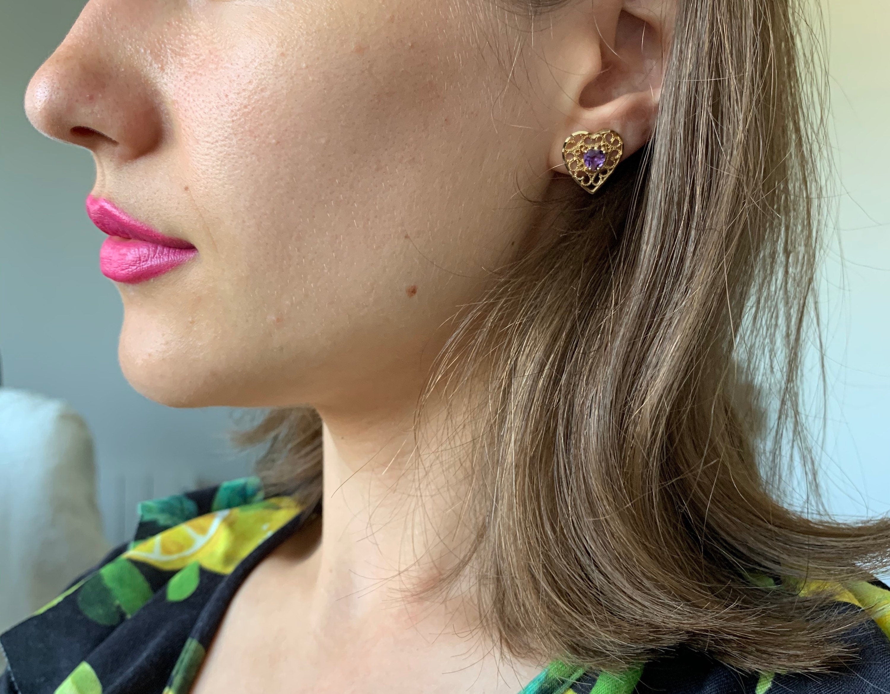 Vintage 9ct Gold Amethyst Heart Shaped Filigree Stud Earrings