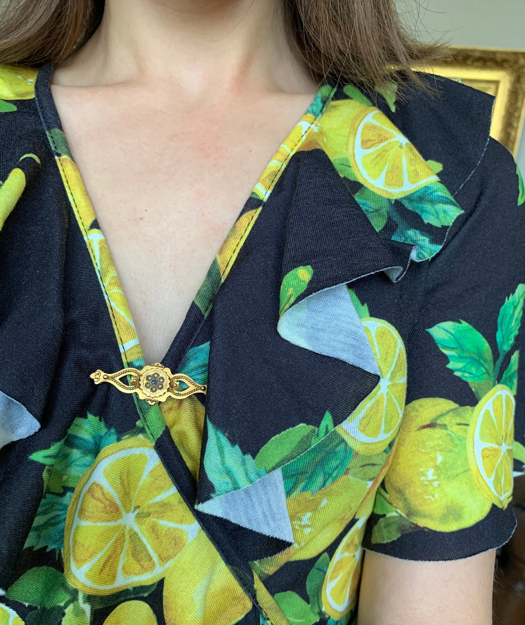 Antiguo broche victoriano de oro amarillo de 15 qt para mujer adornado con zafiro y diamantes, regalo de cumpleaños de aniversario para ella