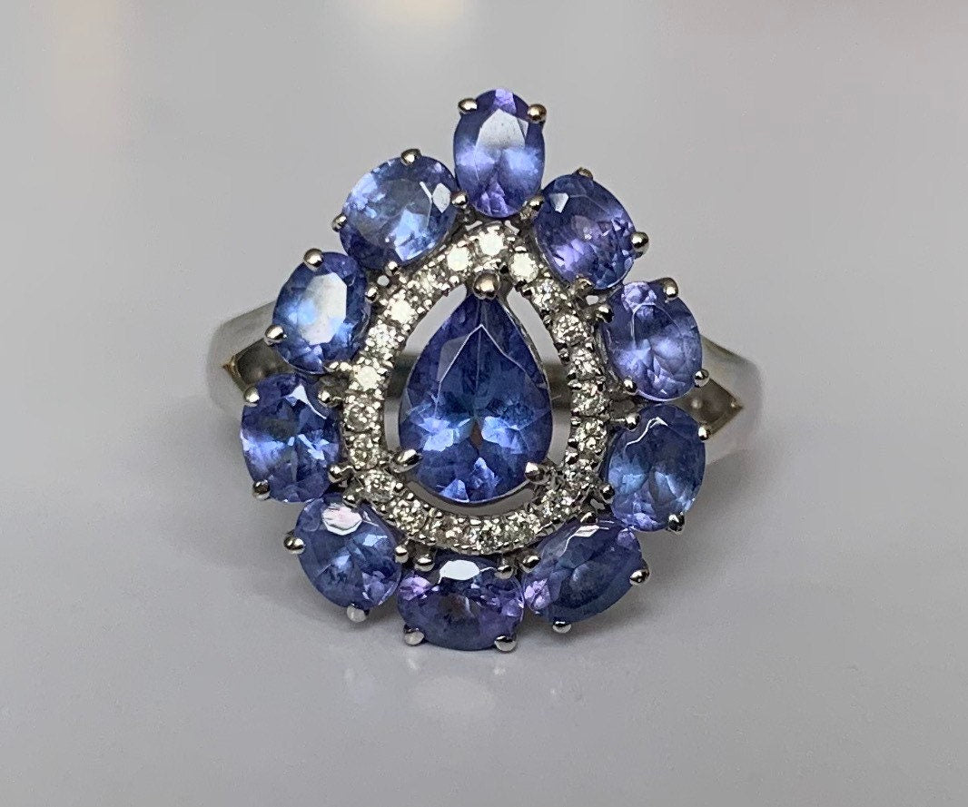 خاتم كلاسيكي من الذهب الأبيض عيار 18 قيراط تنزانيت والألماس، هدية عيد ميلاد لذكرى الخطوبة لها، مقاس المملكة المتحدة L US 5 3/4