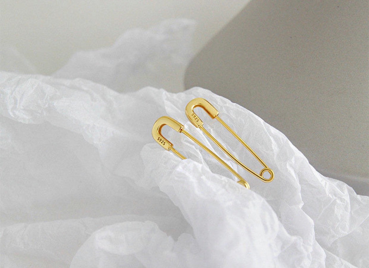 18k Yellow Gold Vermil & 925 Sterling Silver Paper Clip Earrings,Safety Pin Earrings,Stacking Earrings,Cartilage Earlobe Earrings