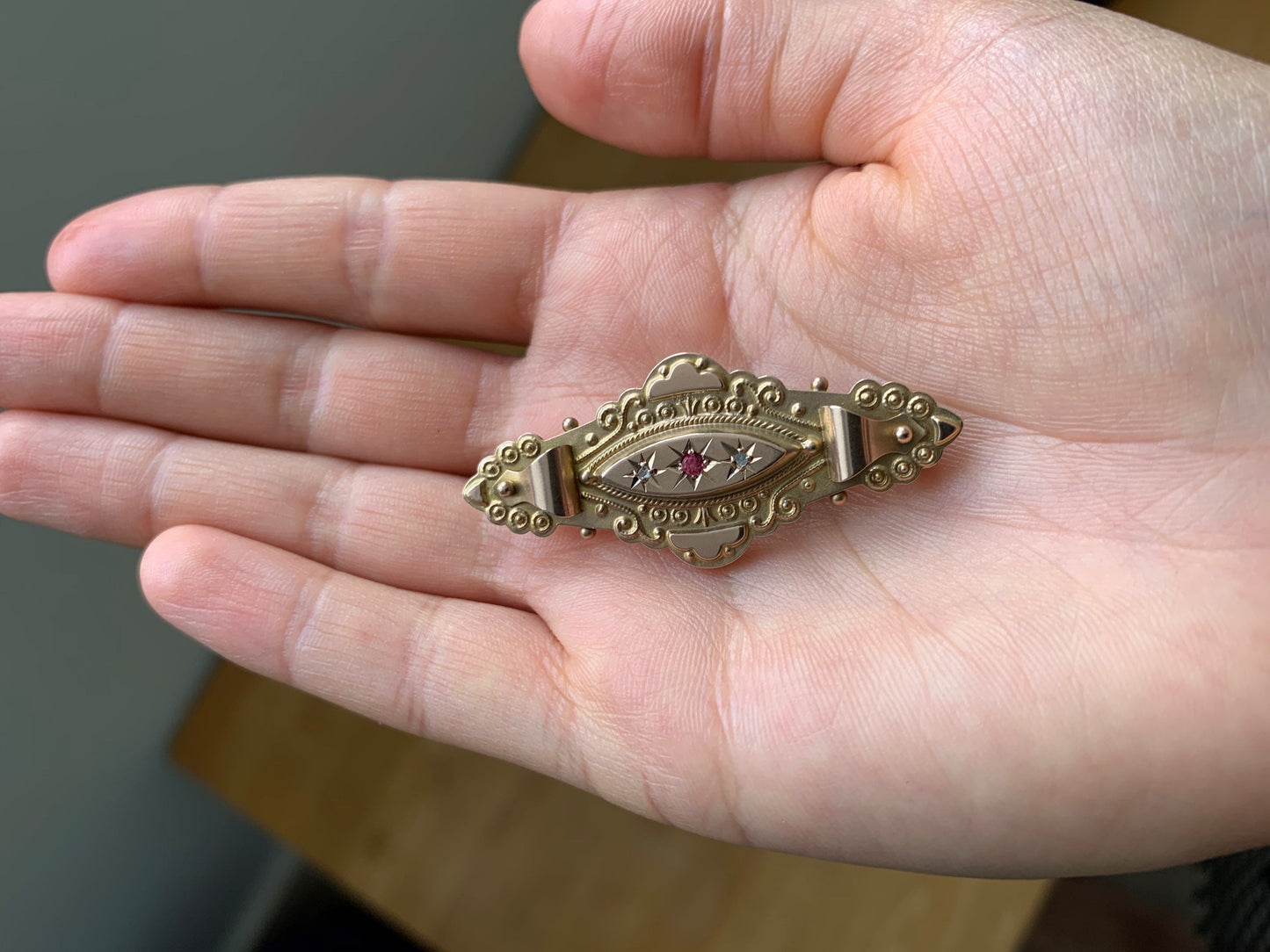 Victorian 9ct Gold Ruby and Diamond Ornamented Brooch,Anniversary Birthday Gift For Her.