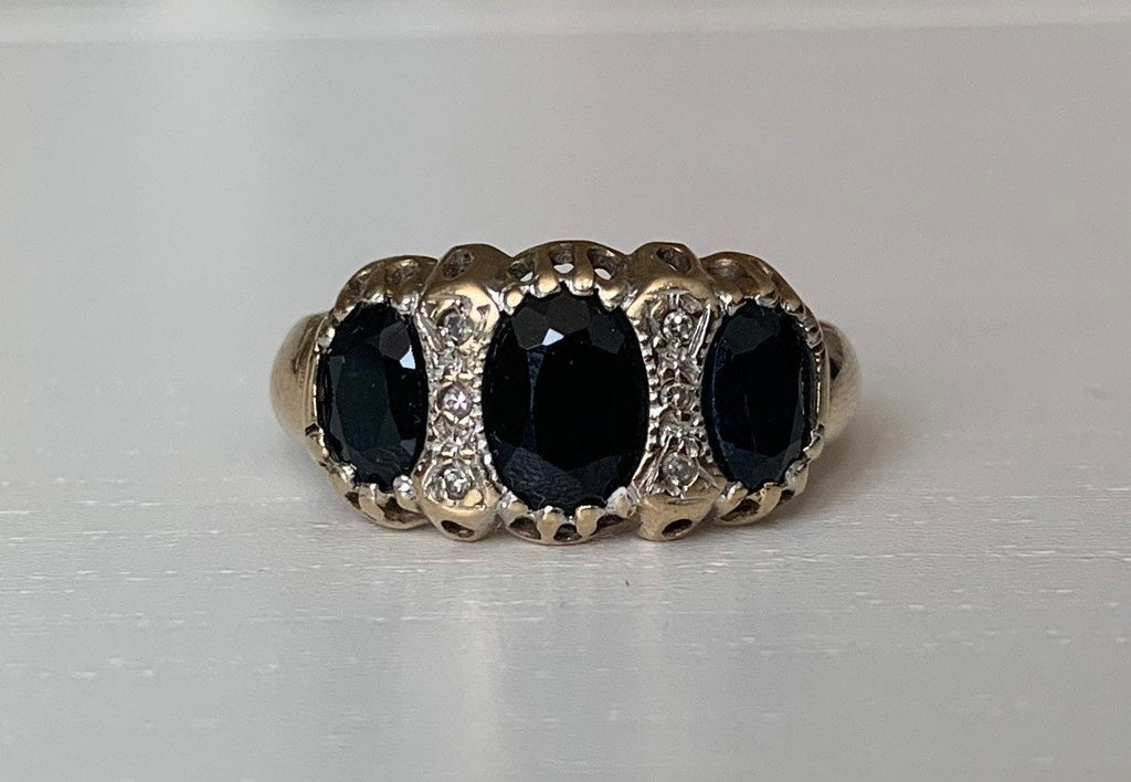 Anillo de oro amarillo de 9 quilates con zafiro de 2,2 quilates y diamante de 0,03 quilates, regalo de cumpleaños de aniversario, talla L 1/2,6