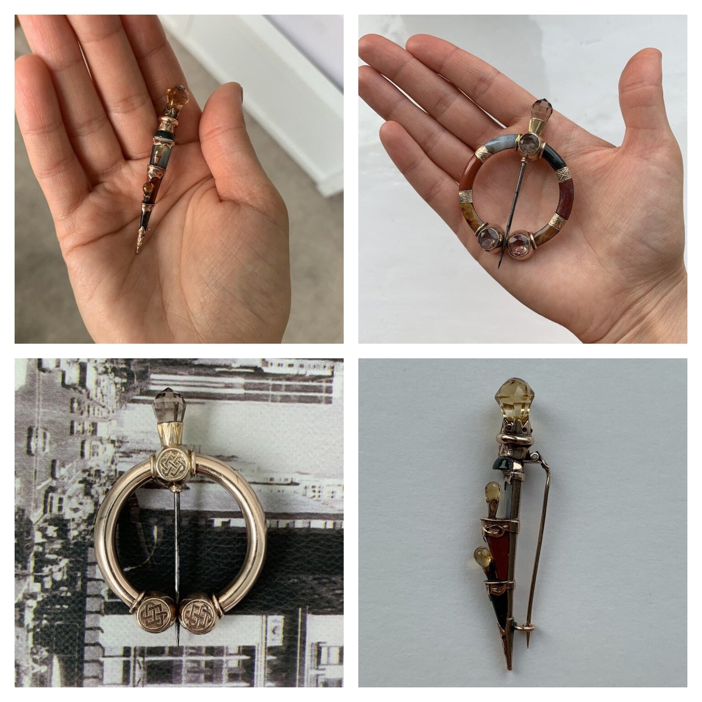 Rare Fine Victorian 9ct Gold Agate, Citrine and Amethyst Scottish Pennanular Tara and Scottish Skean Dhu Brooches