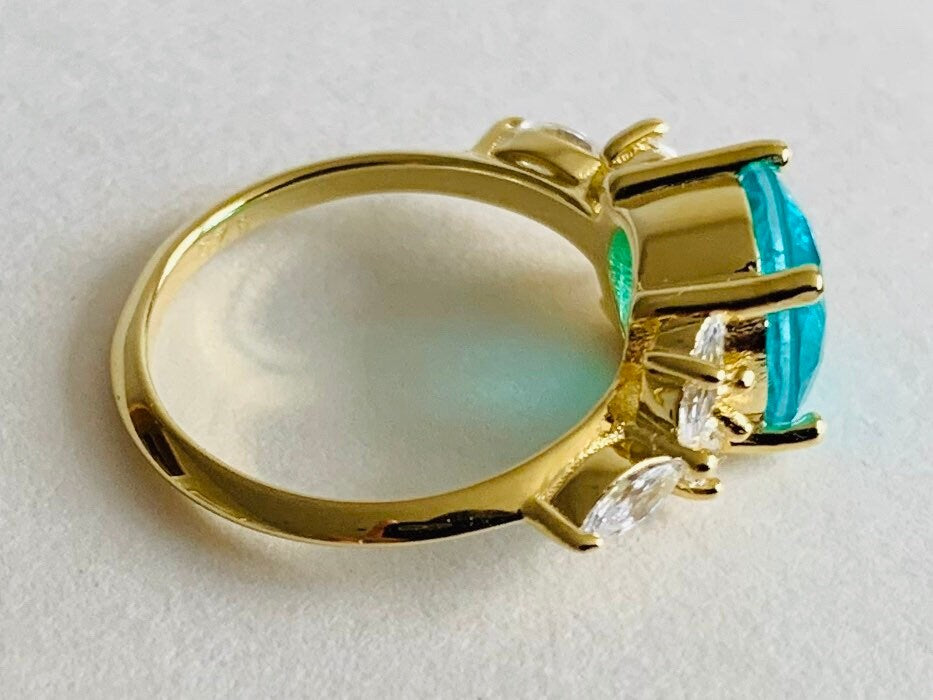 بارايبا الزمرد والألماس (CZ) فيرميل 14 قيراط من الذهب عيار 14 قيراط على خاتم من الفضة الإسترليني عيار 925، خاتم الخطوبة، خاتم الذكرى السنوية هدية عيد ميلاد لها