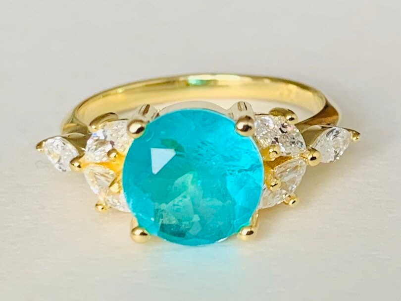 بارايبا الزمرد والألماس (CZ) فيرميل 14 قيراط من الذهب عيار 14 قيراط على خاتم من الفضة الإسترليني عيار 925، خاتم الخطوبة، خاتم الذكرى السنوية هدية عيد ميلاد لها