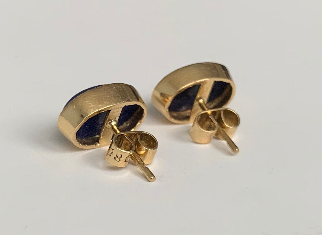 Vintage 18K Yellow Gold Lapis Lazuli Stud Earrings