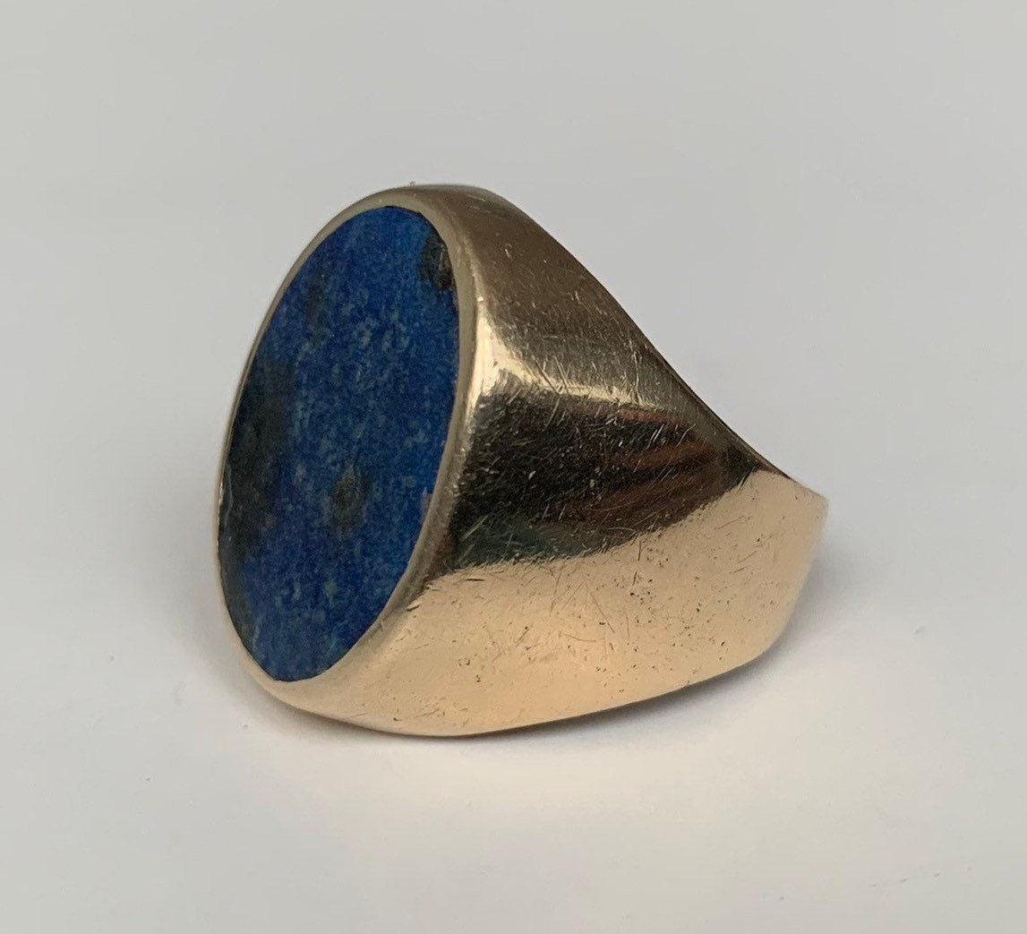 Vintage 9ct Yellow Gold Gents Ring with Lapis Lazuli(10.90g),Signet Ring,Birthday Gift,UK Size R 1/2,US 8 3/4