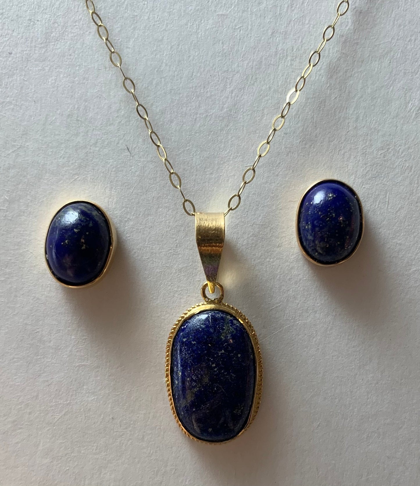 18k Yellow Gold Lapis Lazuli Stud Earrings and Pendant,September Birthstone,Jewelry Set(4.64g)