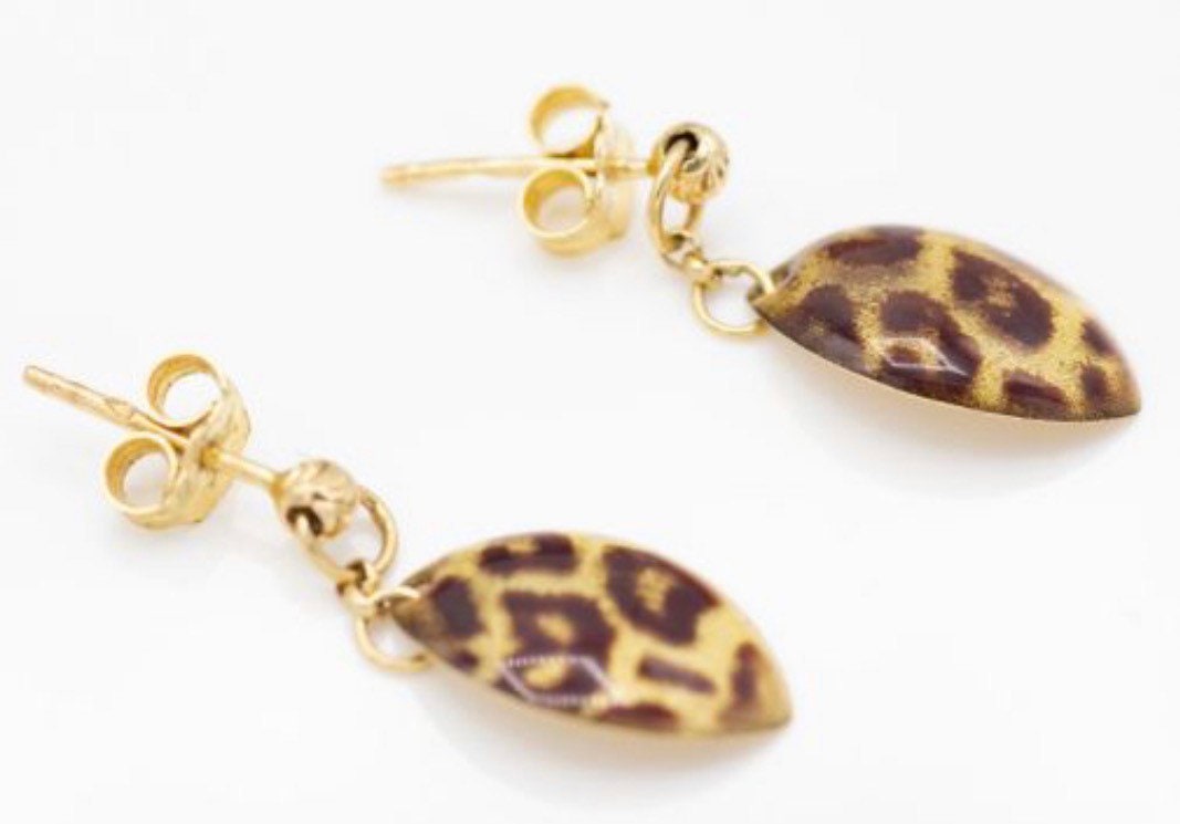 Pendientes en forma de hoja con patrón de leopardo tigre de oro vintage únicos y raros de 14 quilates, pendientes colgantes