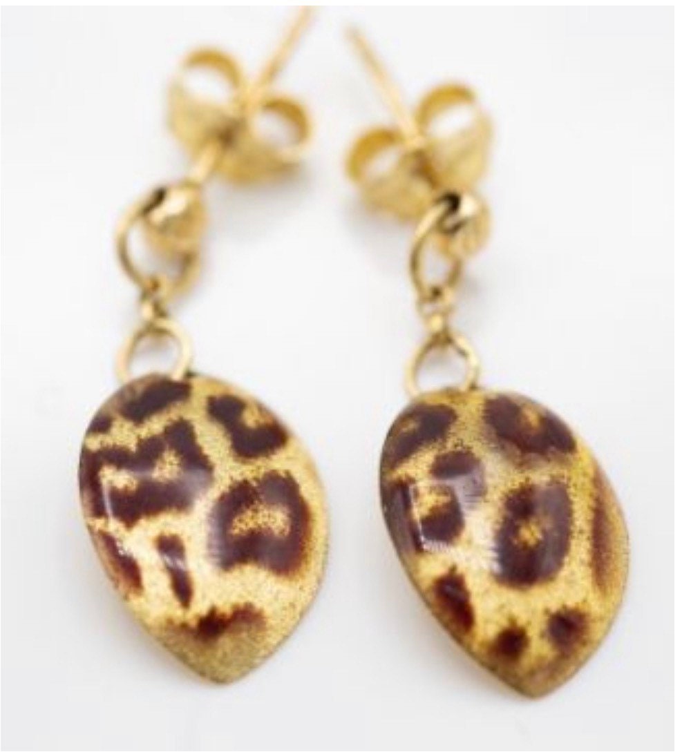 Pendientes en forma de hoja con patrón de leopardo tigre de oro vintage únicos y raros de 14 quilates, pendientes colgantes