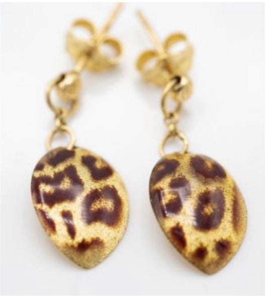 Unique and Rare Vintage 14K Gold Tiger Leopard Pattern Leaf Shaped Earrings,Drop Earrings