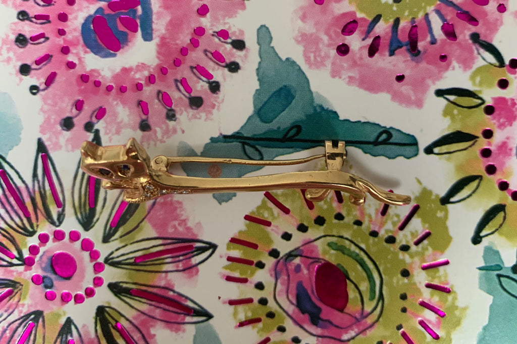 Broche de zafiro⋄ de oro amarillo de 18 quilates en forma de gato alargado, broche de diseñador italiano, piedra natal de septiembre de abril