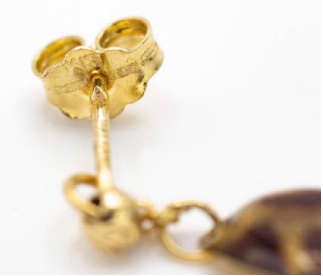 Pendientes en forma de hoja con patrón de leopardo tigre de oro vintage únicos y raros de 14 quilates, pendientes colgantes