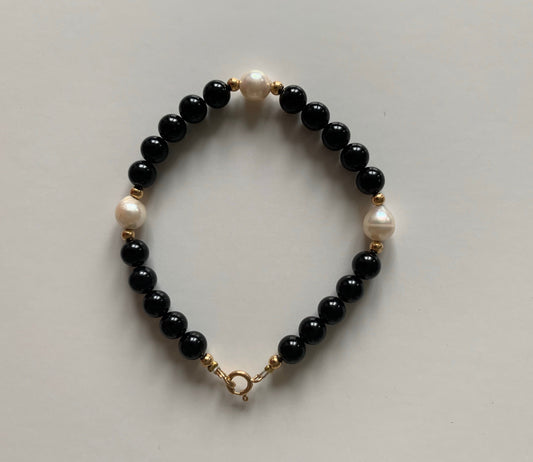 14k Gold Pearl and Onyx Beaded Bracelet, Engagement Wedding Anniversary Birthday Gift for her,DIY handmade bracelet gift