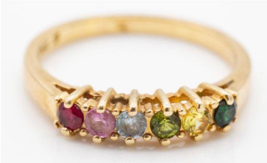 Vintage 14K oro rubí y anillo de zafiro, tamaño Reino Unido M 1/2, EE.UU. 6 1/2