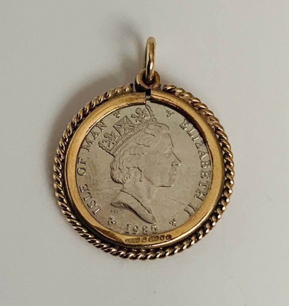 Viking Ship Platinum Noble (like Britannia) Coin Pendant 9k 9ct Gold, Isle of Man One Tenth Platinum Coin Pendants