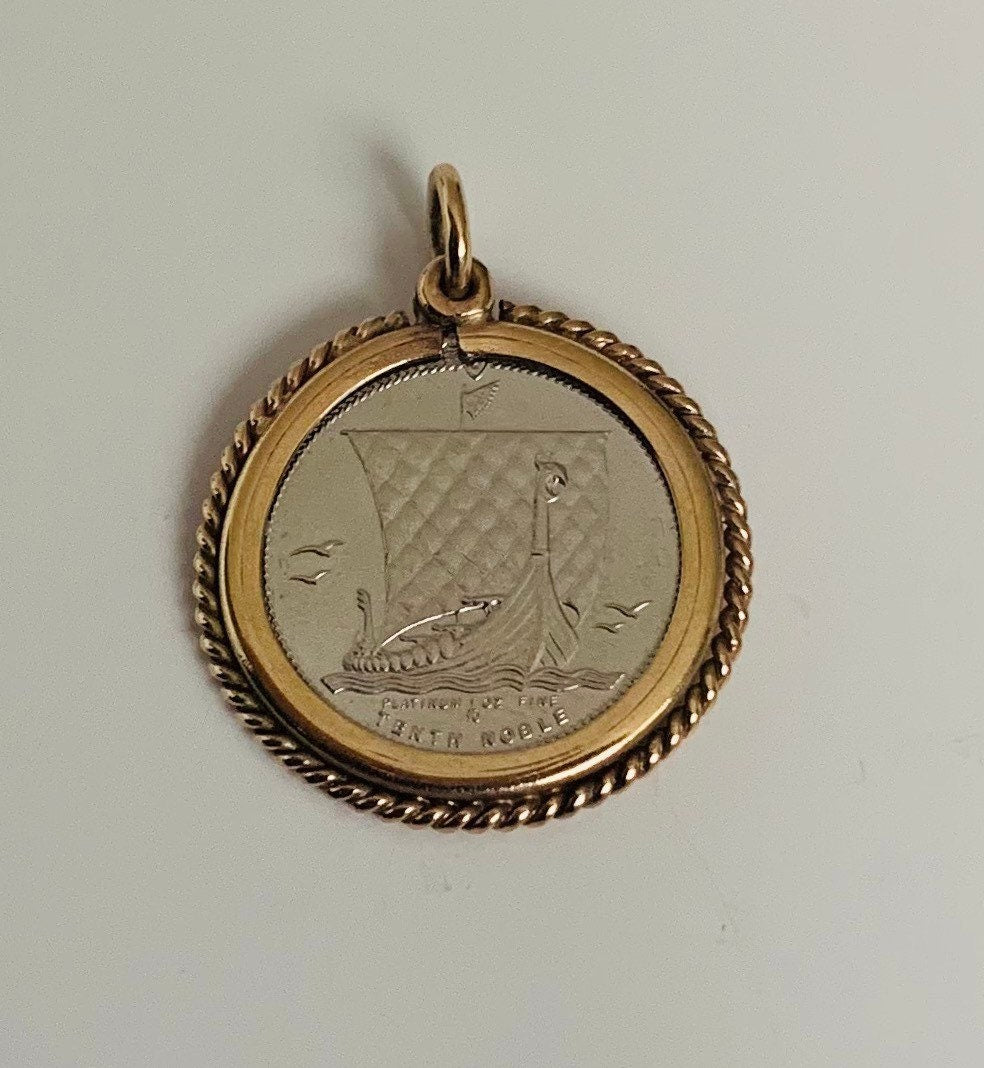 Viking Ship Platinum Noble (like Britannia) Coin Pendant 9k 9ct Gold, Isle of Man One Tenth Platinum Coin Pendants