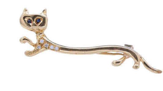 18ct Yellow Gold Sapphire⋄ Brooch in the form of a elongated cat,Italian Designer Brooch,September April Birthstone