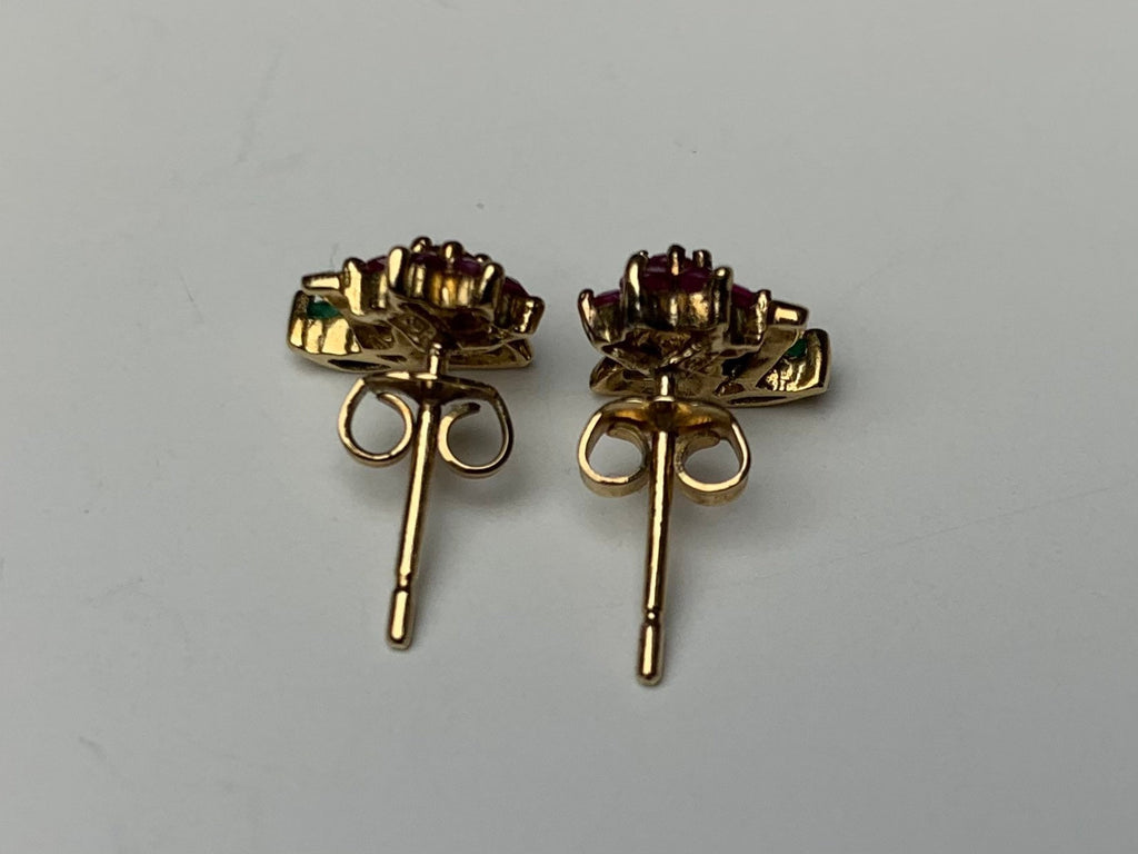 Vintage Ruby and Emerald Flower Shape 9ct Gold Stud Earrings