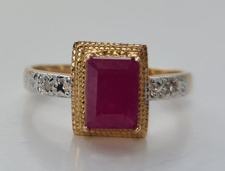 ذهب عيار 1.15 قيراط من الياقوت والألماس العتيق عيار 10 قيراط، هدية الذكرى السنوية، هدية عيد الميلاد، حجر بخت شهر يوليو وأبريل، مقاس الخاتم UK N، US 6 3/4