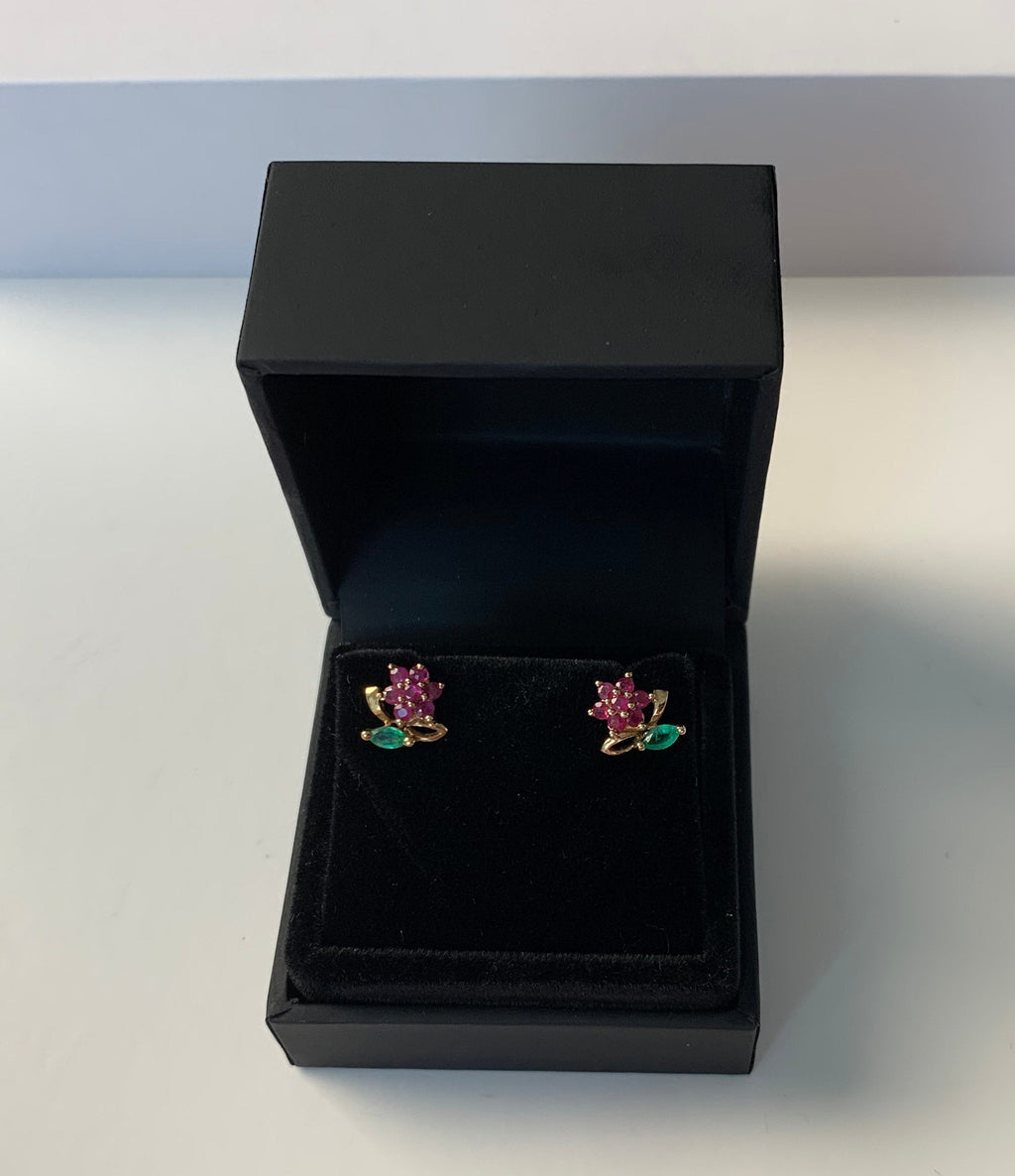 Vintage Ruby and Emerald Flower Shape 9ct Gold Stud Earrings