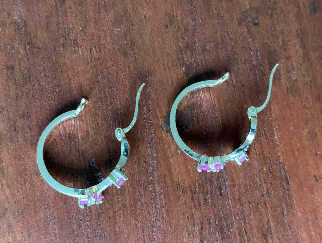 Hermosos pendientes de aro de plata 925 con zafiro rosa y diamantes