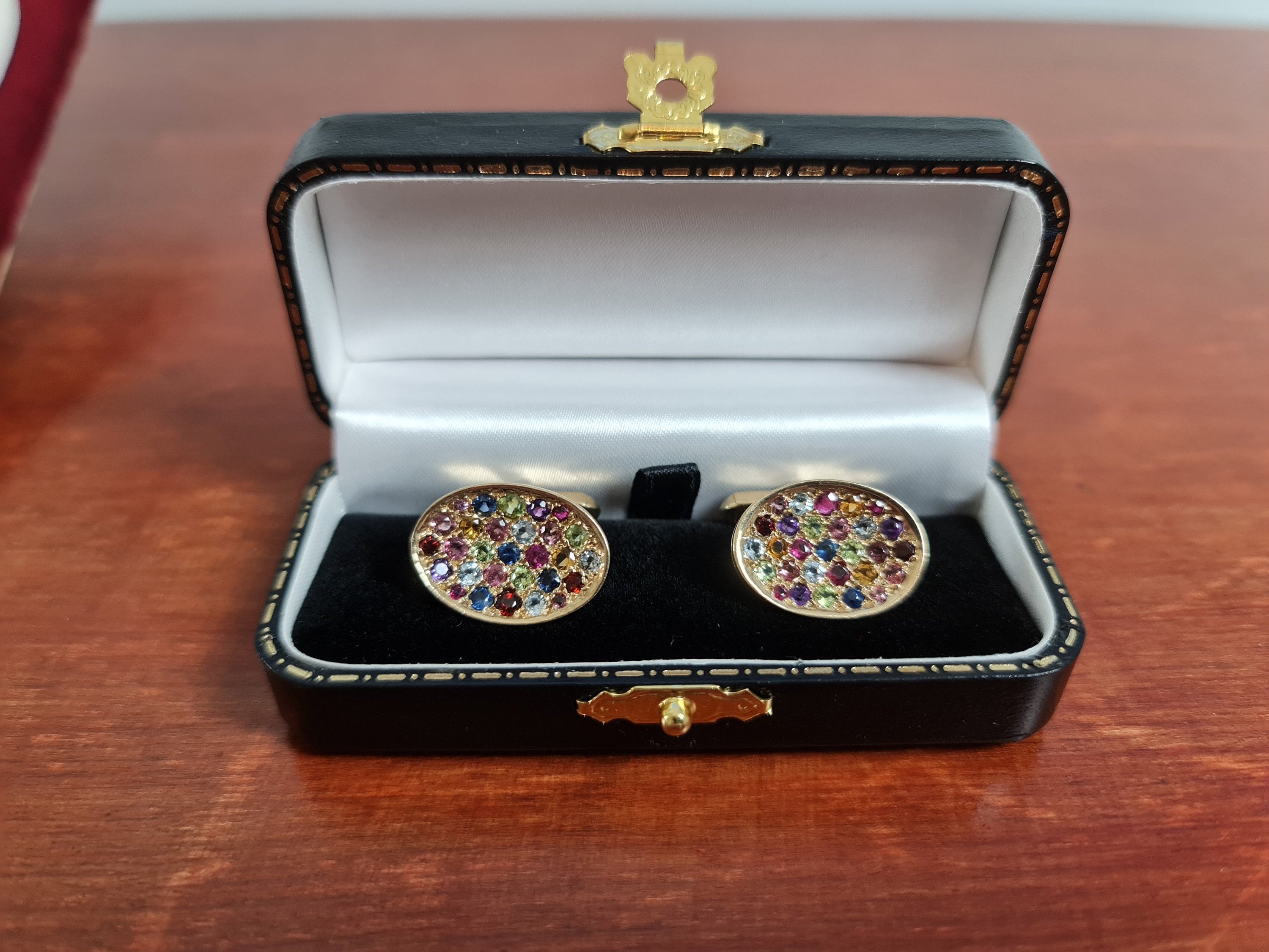 Gemelos de arcoíris con sello de oro de 9 quilates con rubí, zafiro, aguamarina, granate y amatista, regalos para él