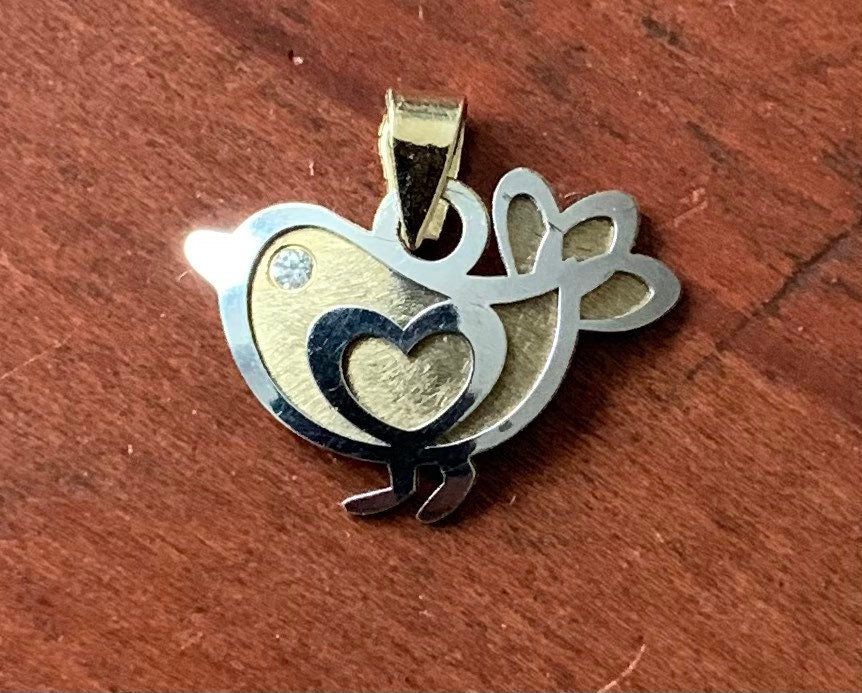 قلادة/حلية على شكل طائر وحلزون من الذهب الأبيض والأصفر عيار 9 قيراط