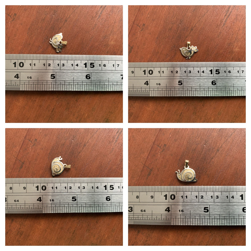 Colgante/dije de pájaro y caracol de oro blanco y amarillo de 9 quilates