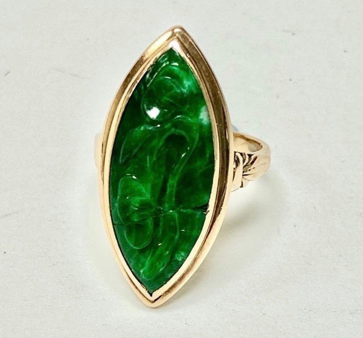 Antique 25x10MM Marquise Shaped Emerald Green Jade 14ct Yellow Gold Ring,Cocktail Ring,Size UK J,US 4 3/4