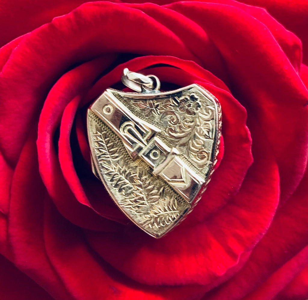 Medallón antiguo con escudo y hebilla de oro amarillo de 9 quilates