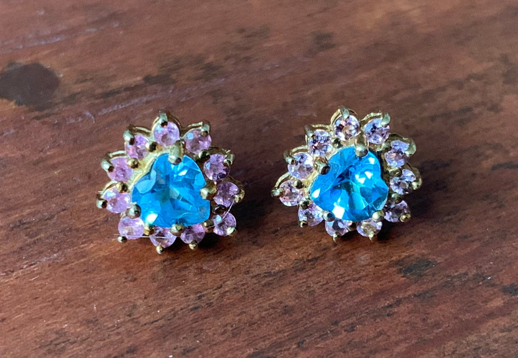Vintage London Blue Topaz & Pink Tourmaline 9k Gold Stud Earrings