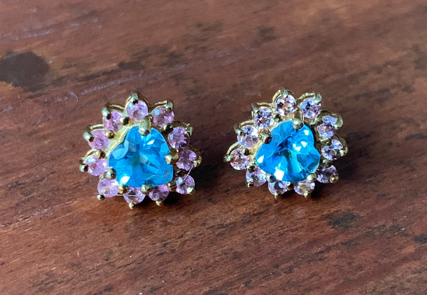 Vintage London Blue Topaz & Pink Tourmaline 9k Gold Stud Earrings