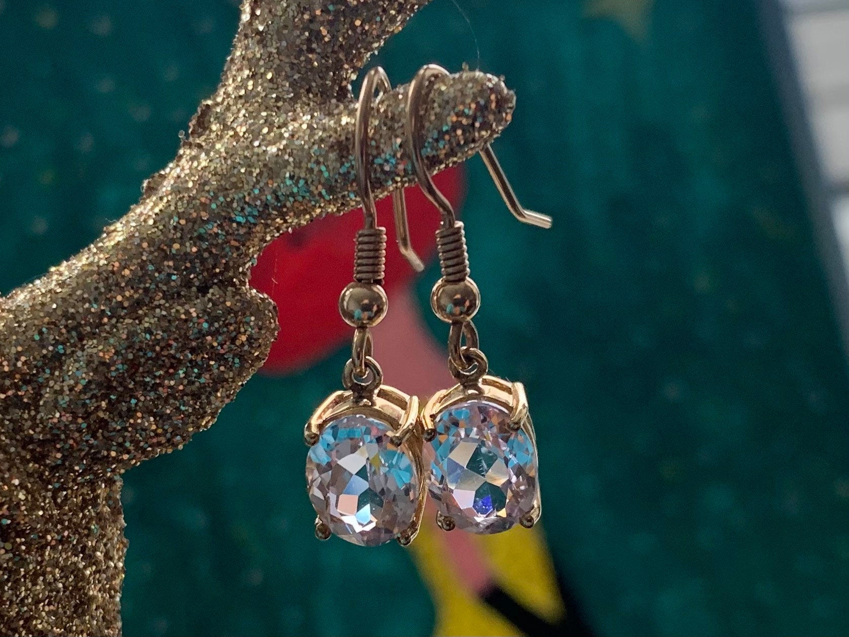 Pendientes colgantes vintage de kunzita brasileña de oro de 9k