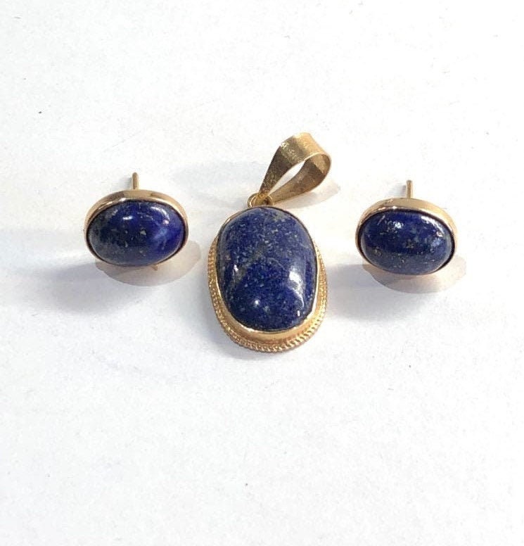 18k Yellow Gold Lapis Lazuli Stud Earrings and Pendant,September Birthstone,Jewelry Set(4.64g)