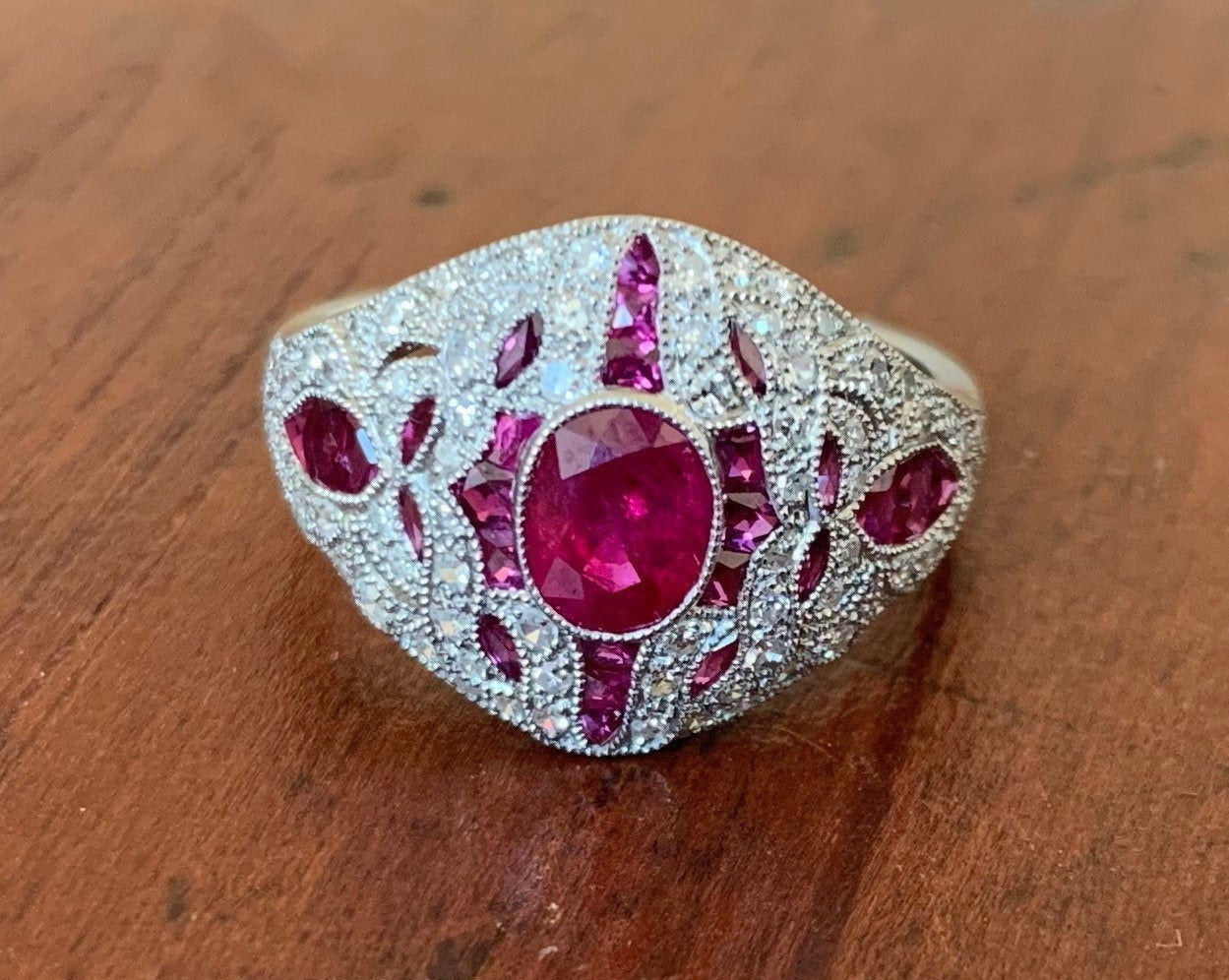 Vintage Platinum 2ct Ruby & Diamond Art Deco Ring, Cocktail Ring, Size UK N 1/2, US 7