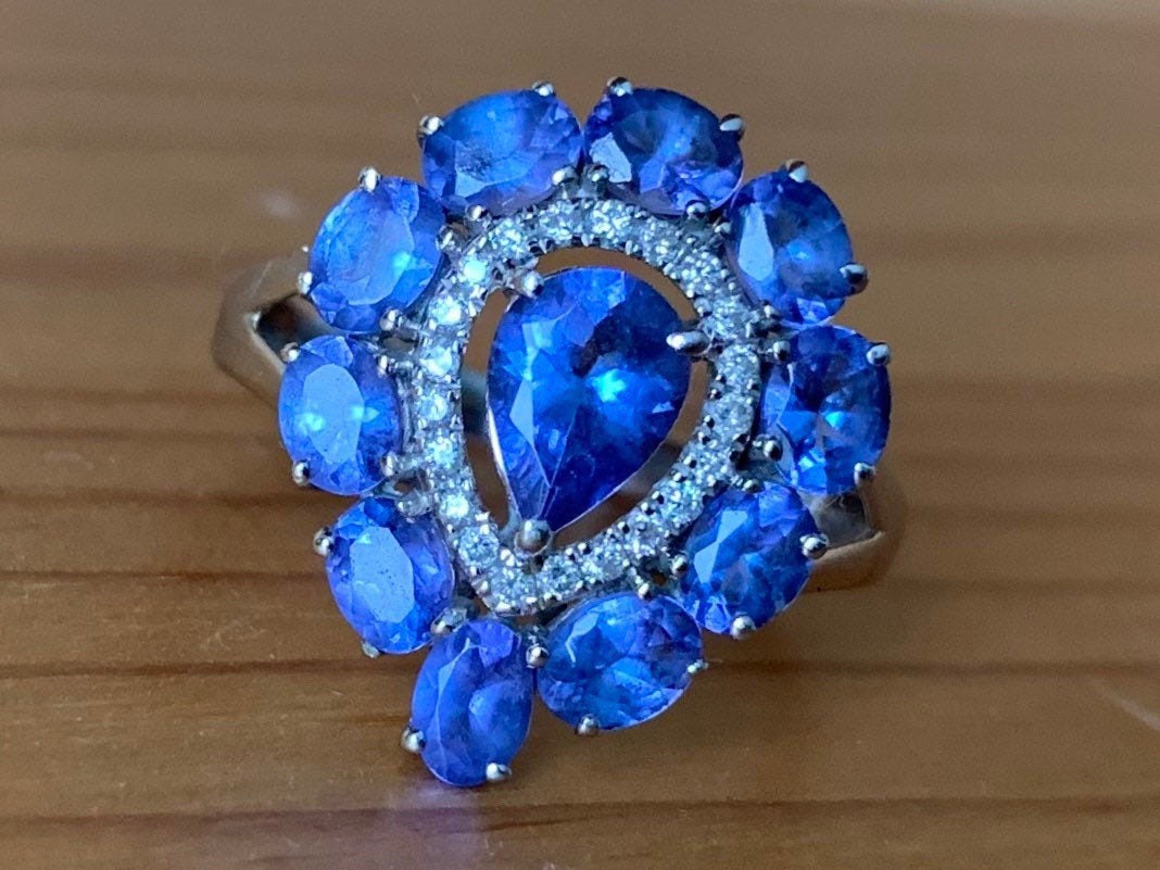 خاتم كلاسيكي من الذهب الأبيض عيار 18 قيراط تنزانيت والألماس، هدية عيد ميلاد لذكرى الخطوبة لها، مقاس المملكة المتحدة L US 5 3/4